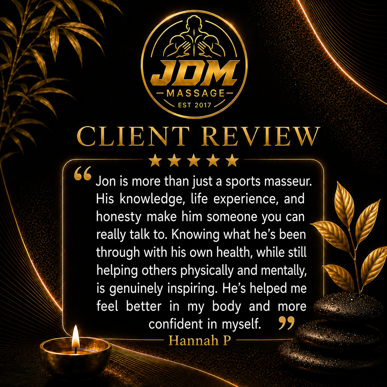 Client review graphic from Hannah P for JDM Massage