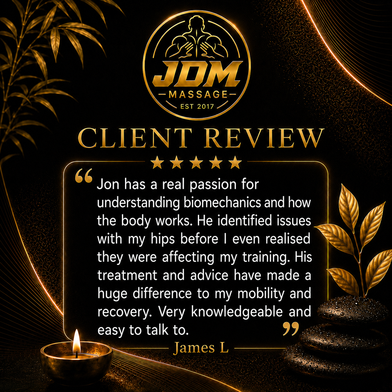 Client review graphic from James L for JDM Massage