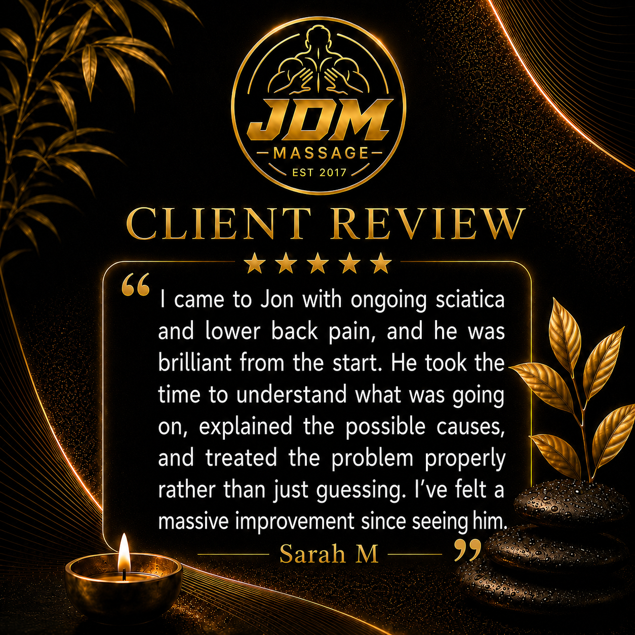 Client review graphic from Sarah M for JDM Massage
