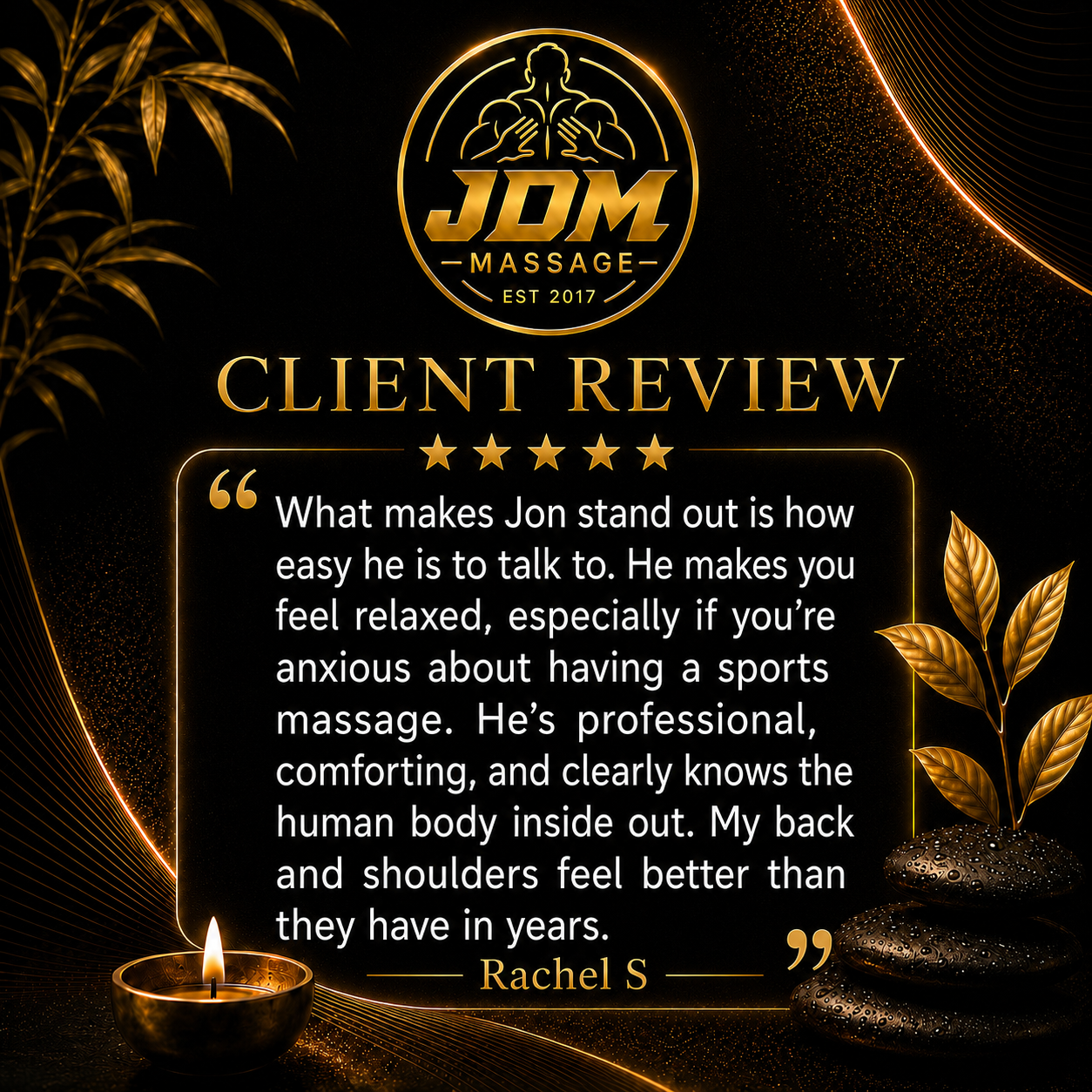Client review graphic from Rachel S for JDM Massage